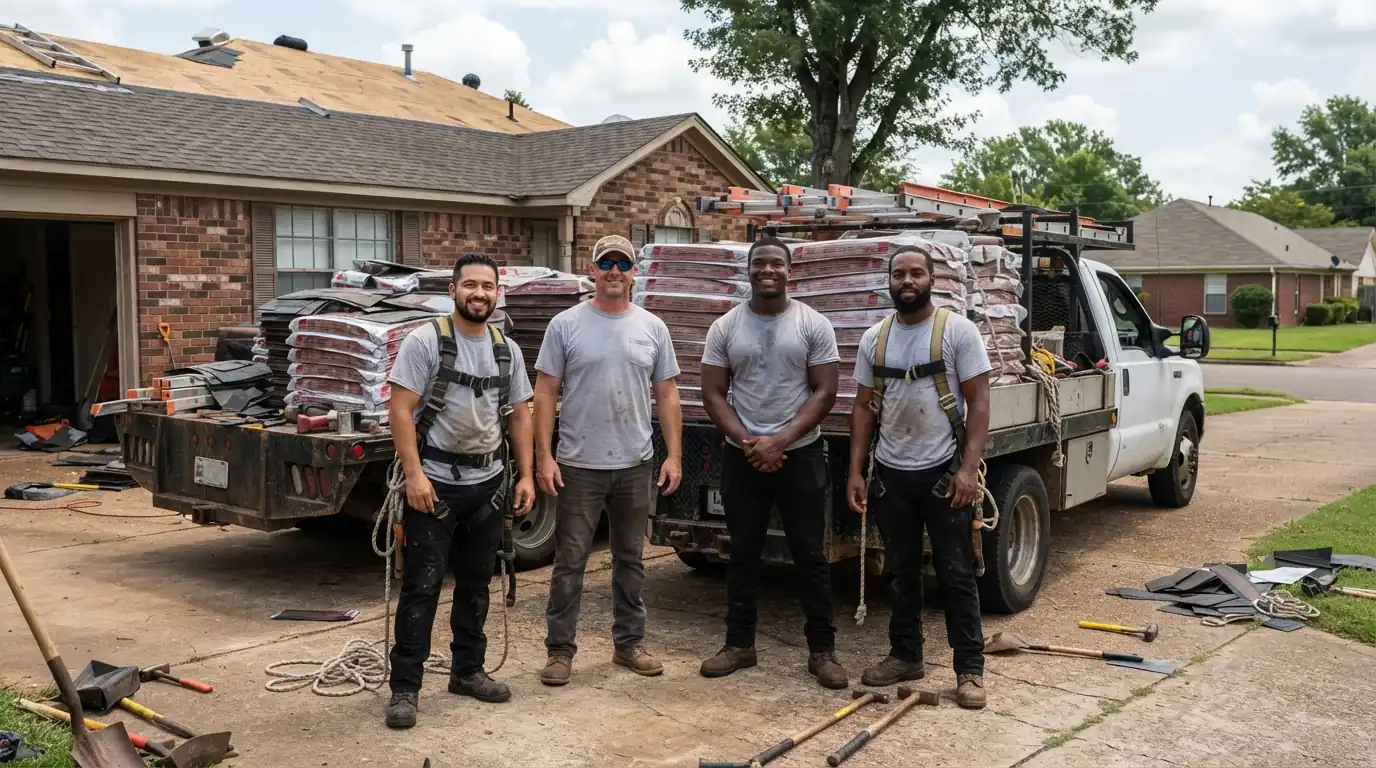 Rock & Roll Roofs roofing crew beside a work truck in Memphis