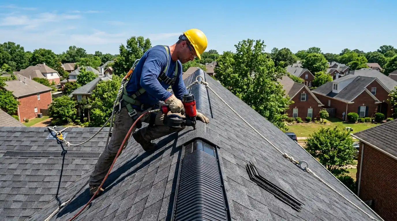 New ridge cap shingles installed on a Memphis roof