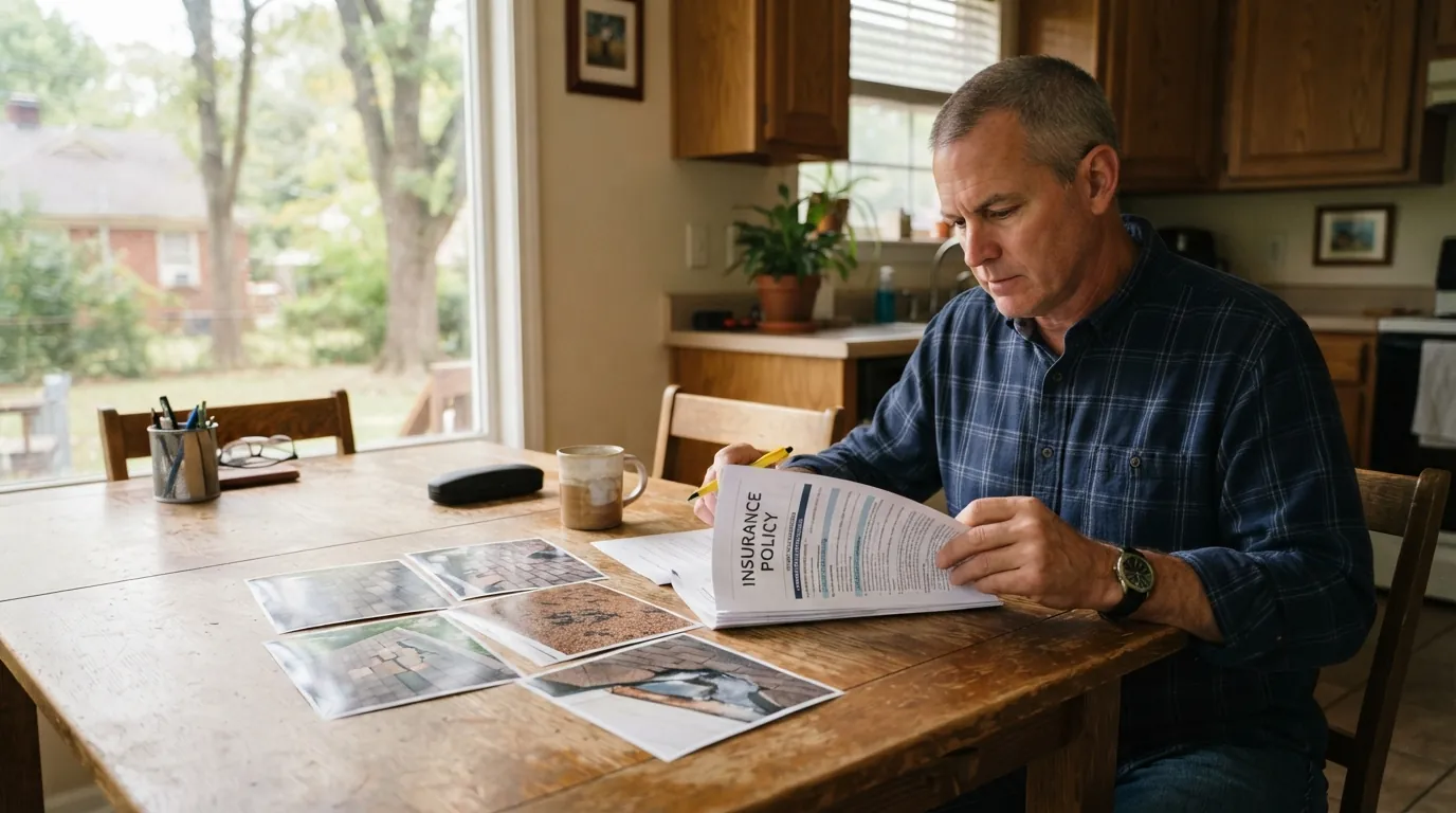 Homeowner reviewing an insurance policy and roof photos