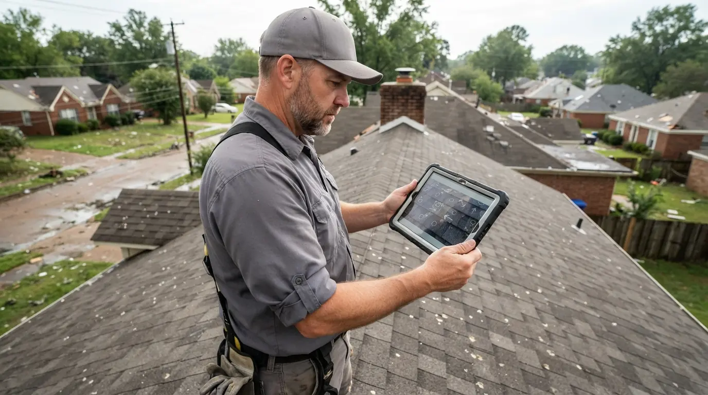 Roofer preparing a hail damage report on a Memphis roof