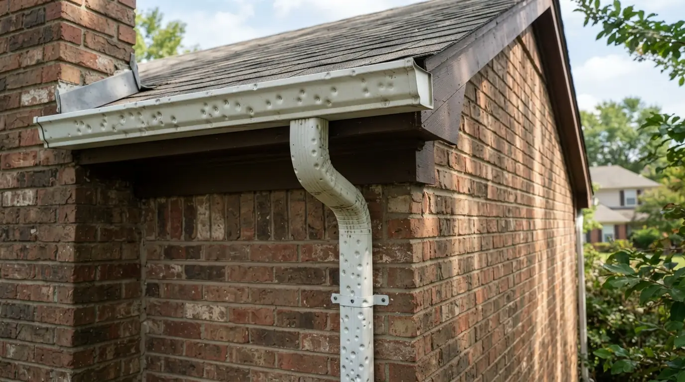Hail dents on a gutter and downspout