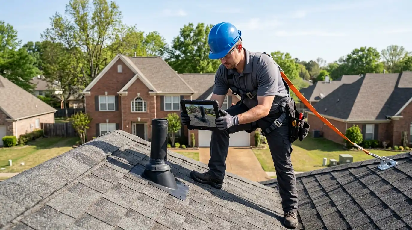 Roof inspector photographing a Memphis roof
