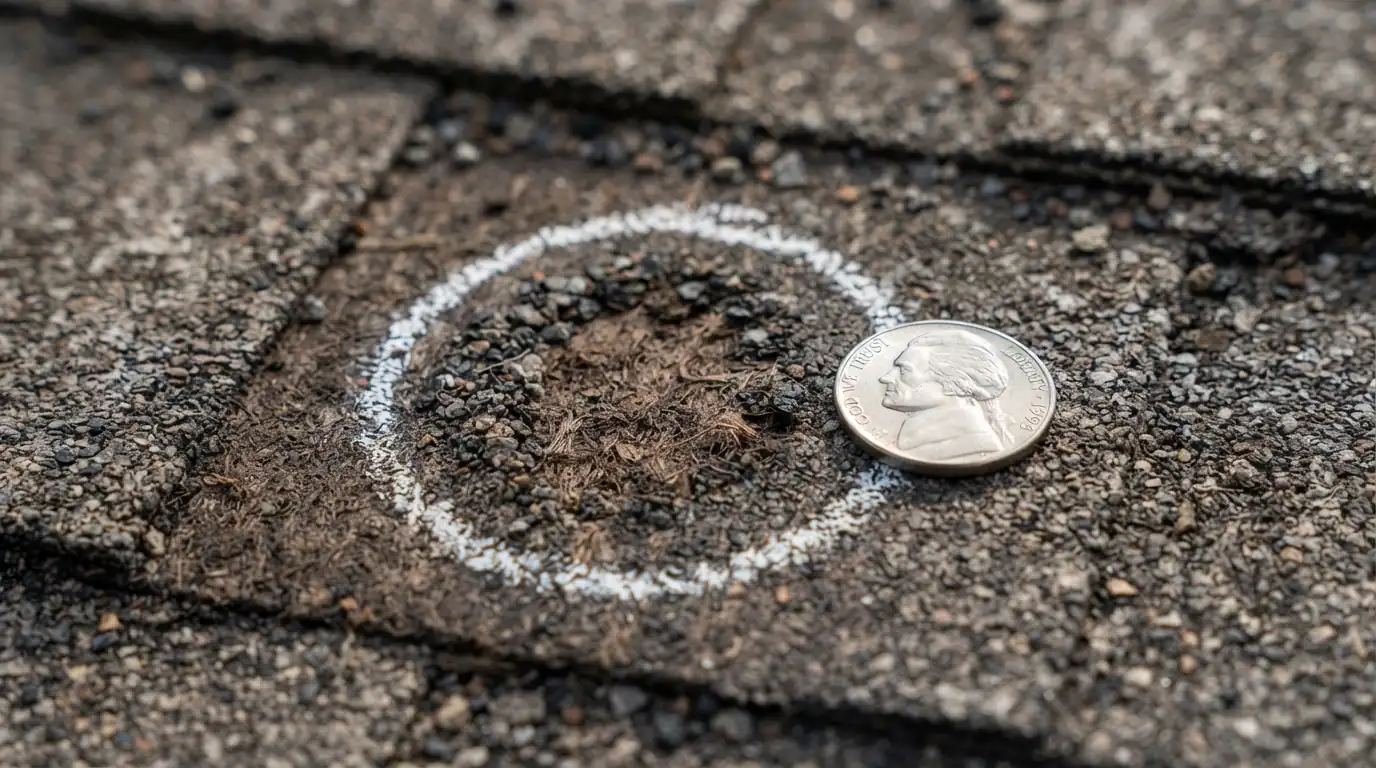 Close-up of a hail bruise on an asphalt shingle