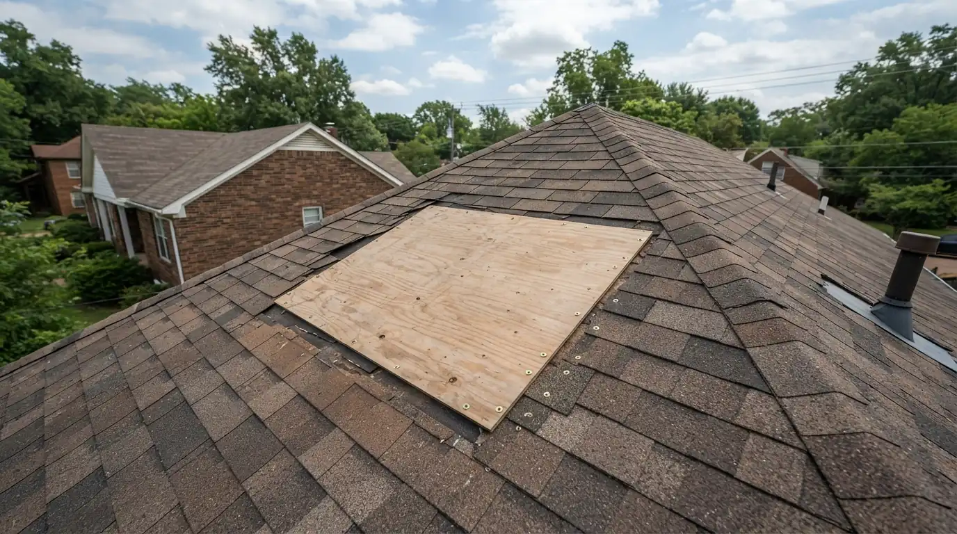 Plywood cover over a hole in a roof