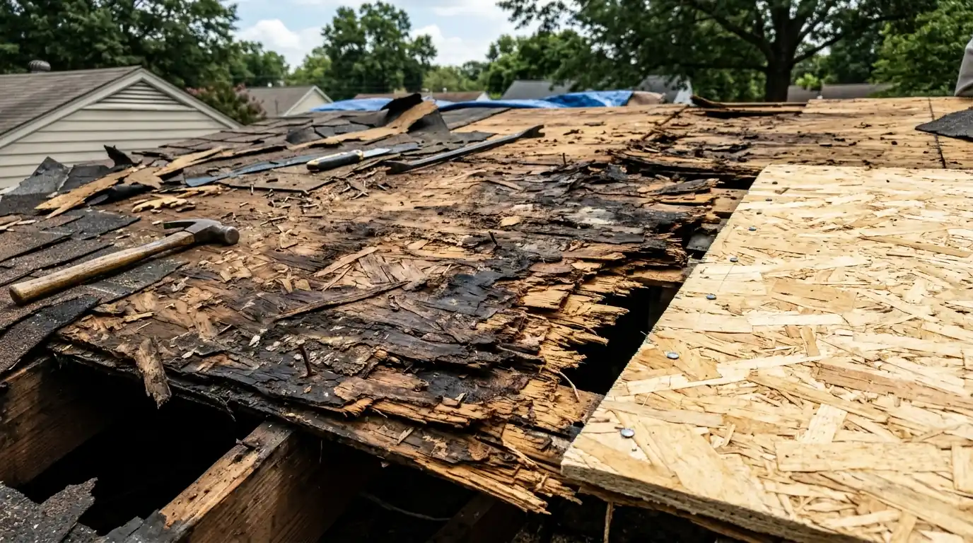Rotted OSB decking beside a new sheet