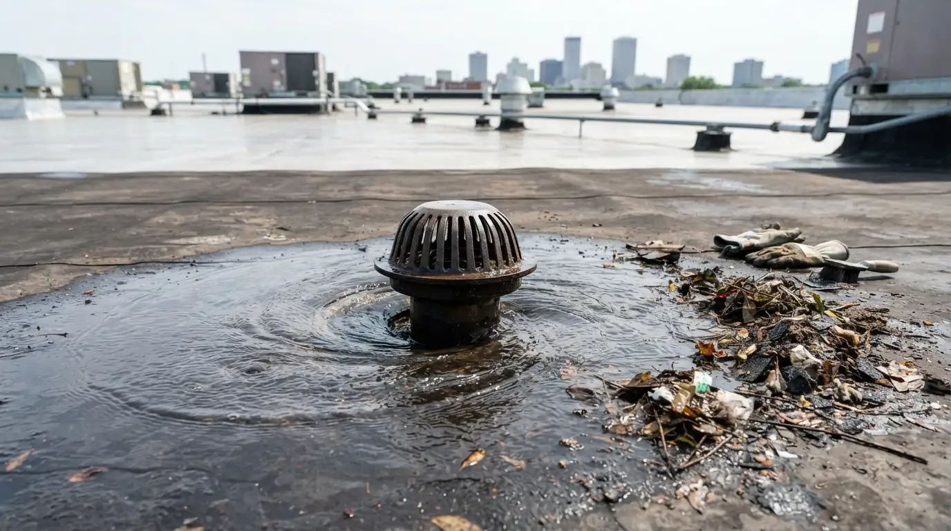 Cleared drain on a flat commercial roof