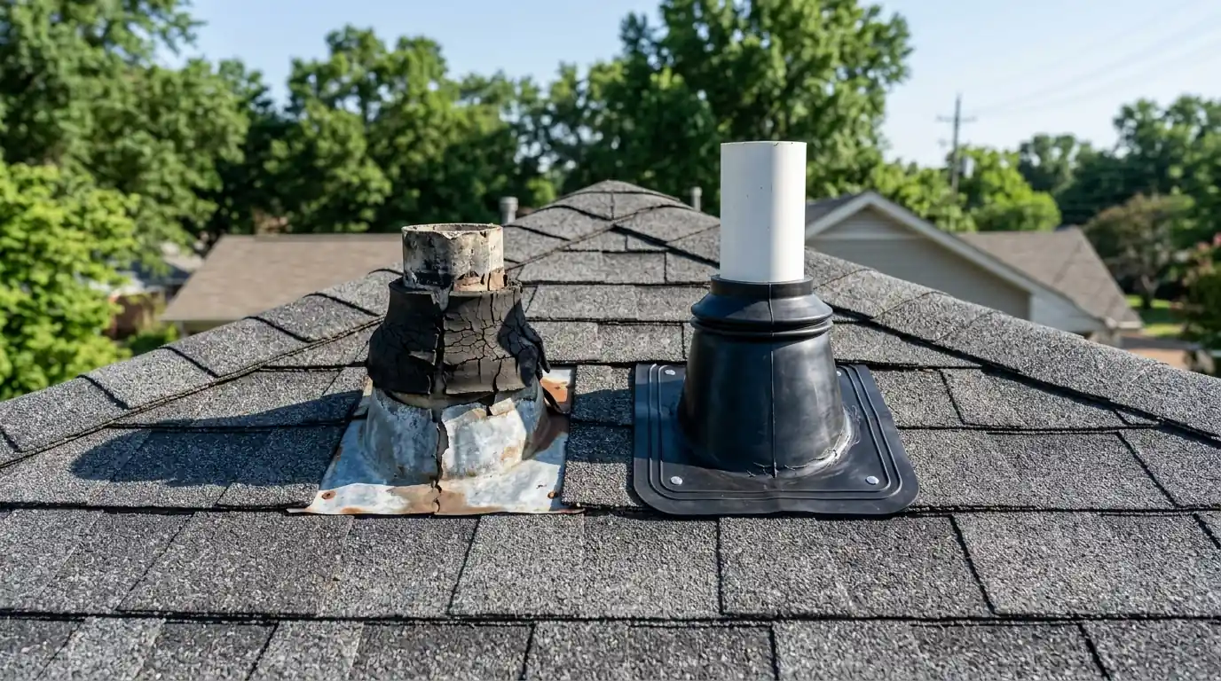 New pipe boot beside a cracked old boot