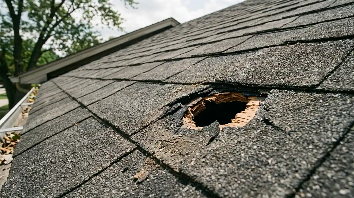 Debris puncture in a shingle roof