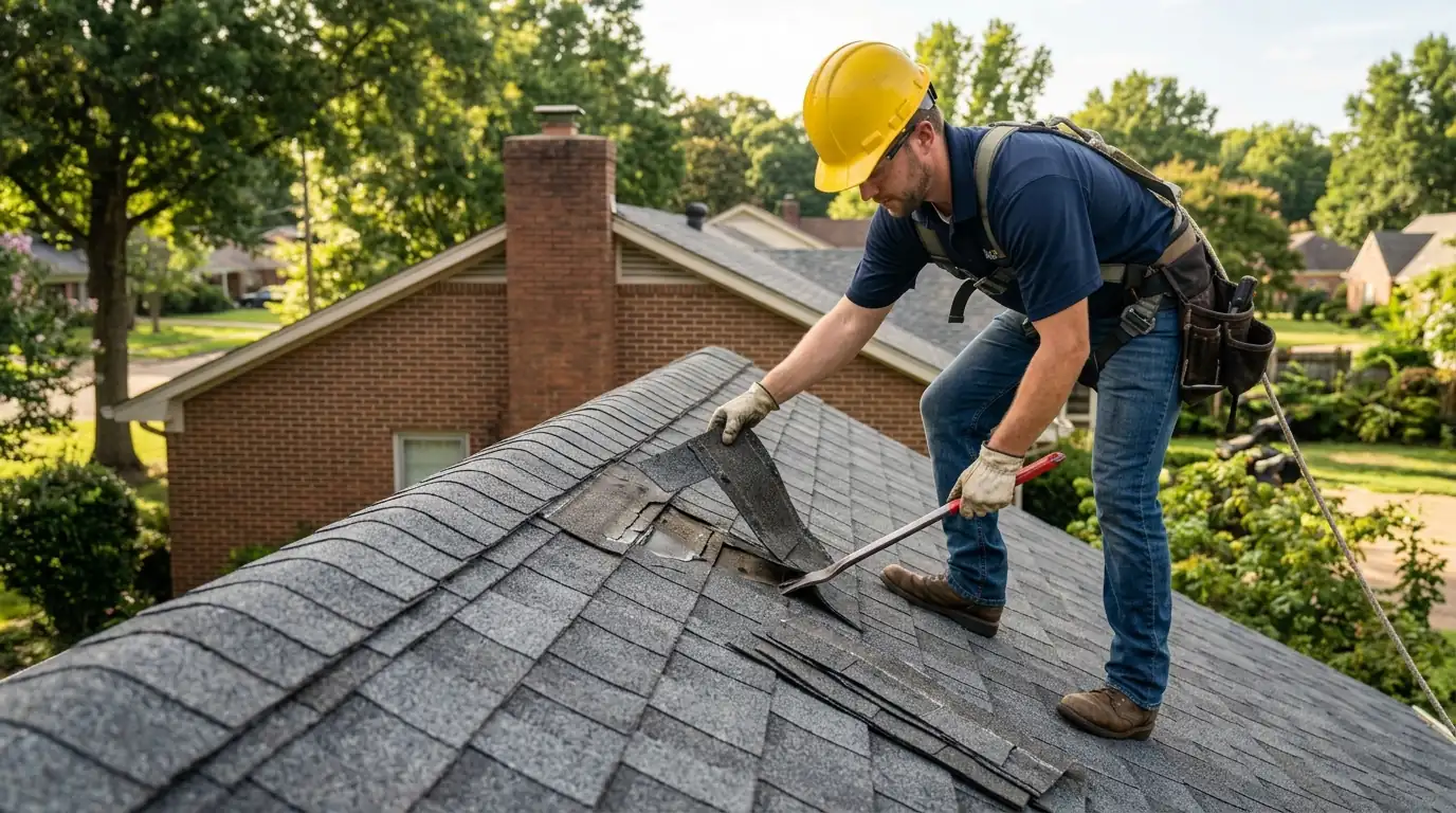 Roofer replacing a creased shingle on a Memphis ranch roof