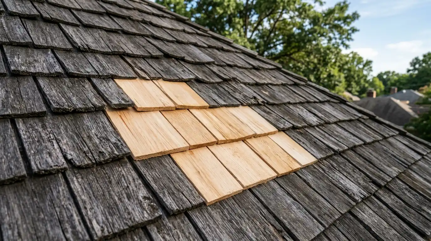 Weathered cedar shake roof with new replacement shakes