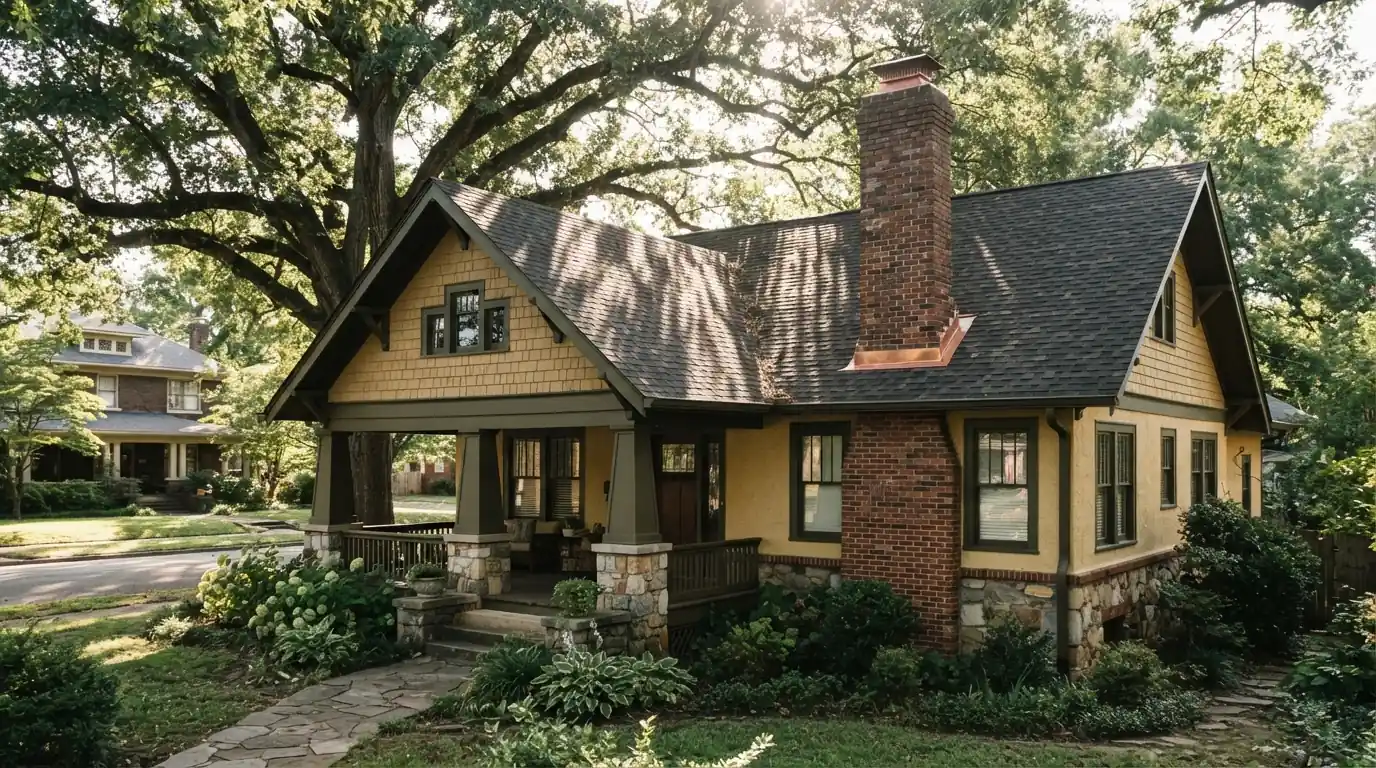 Steep gable roof and chimney flashing on a Midtown Memphis bungalow