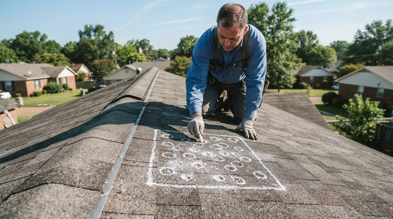 Hail hits chalk-marked in a test square on a Memphis roof