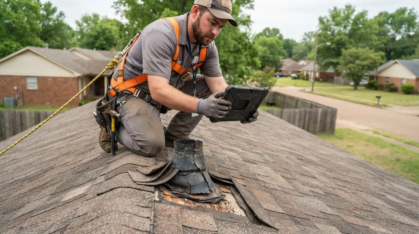 Roofer photographing a pipe boot on a Memphis ranch roof