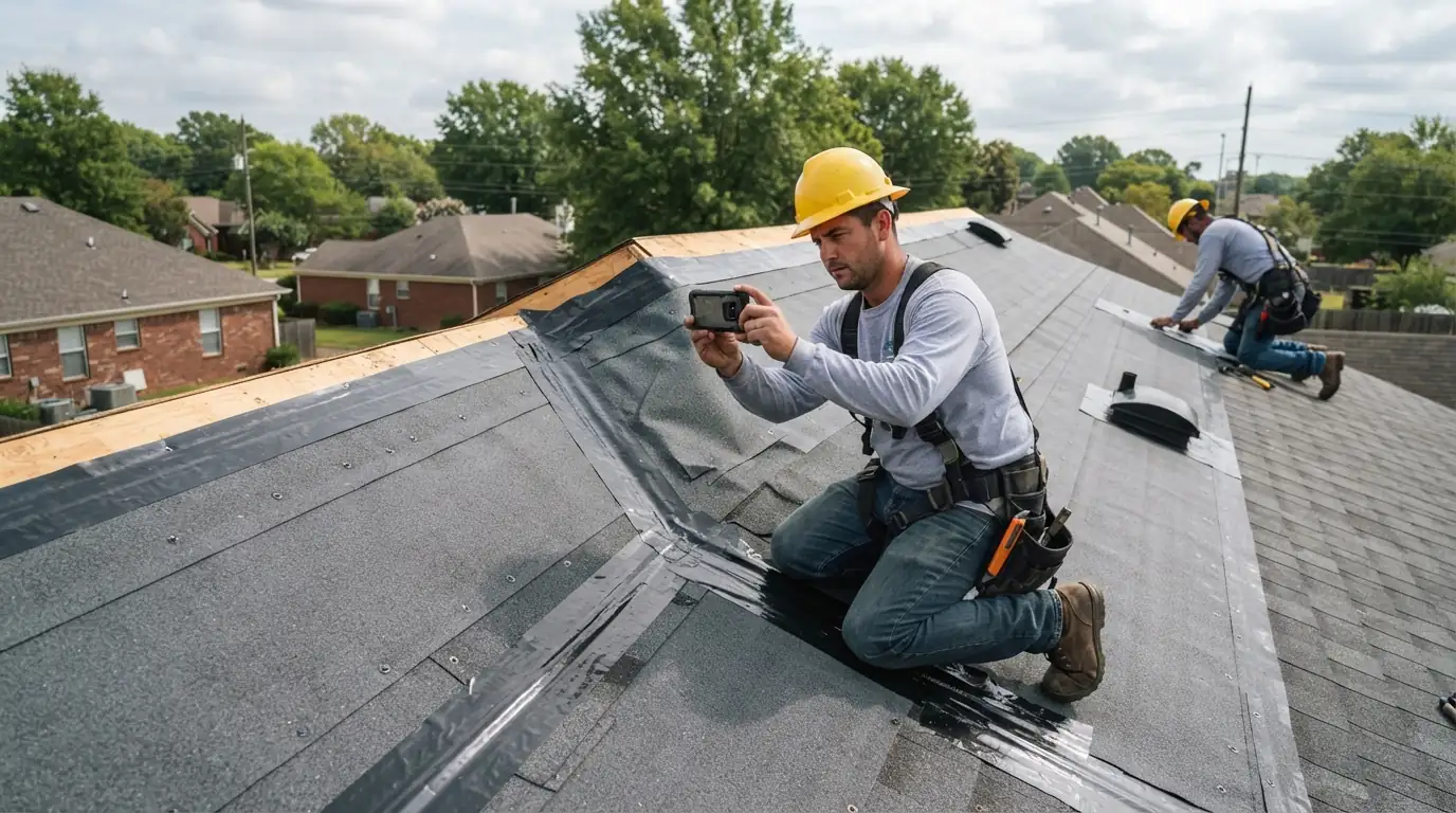 Roofer photographing underlayment before shingles