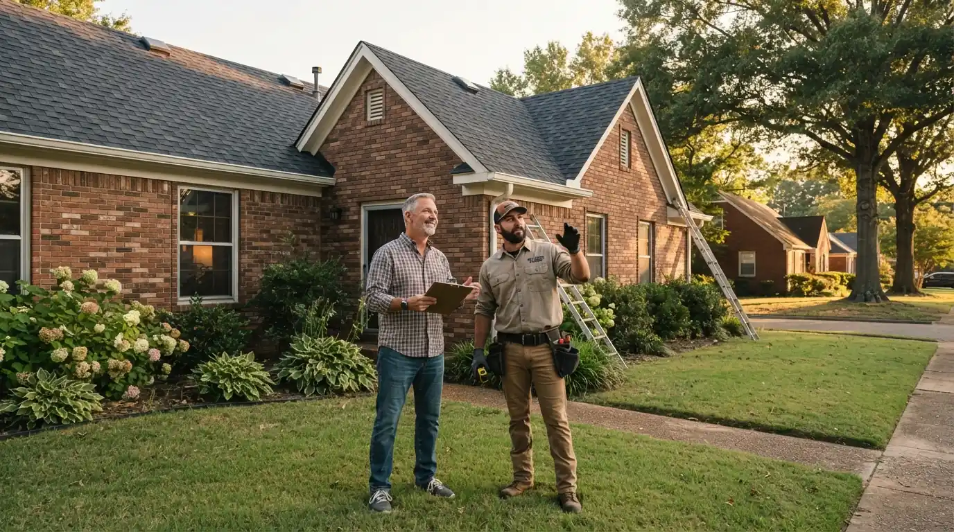 Homeowner reviewing a new roof with a roofer