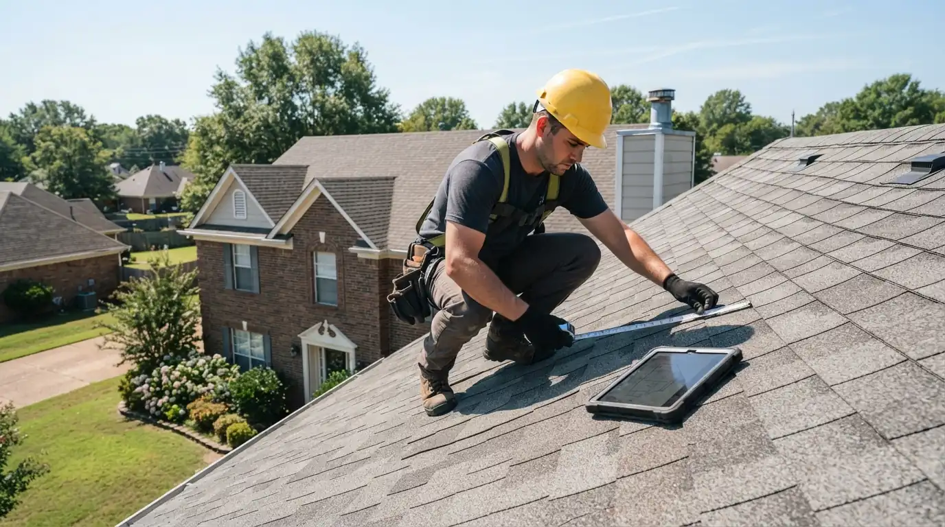 Roofer measuring a roof for a replacement estimate