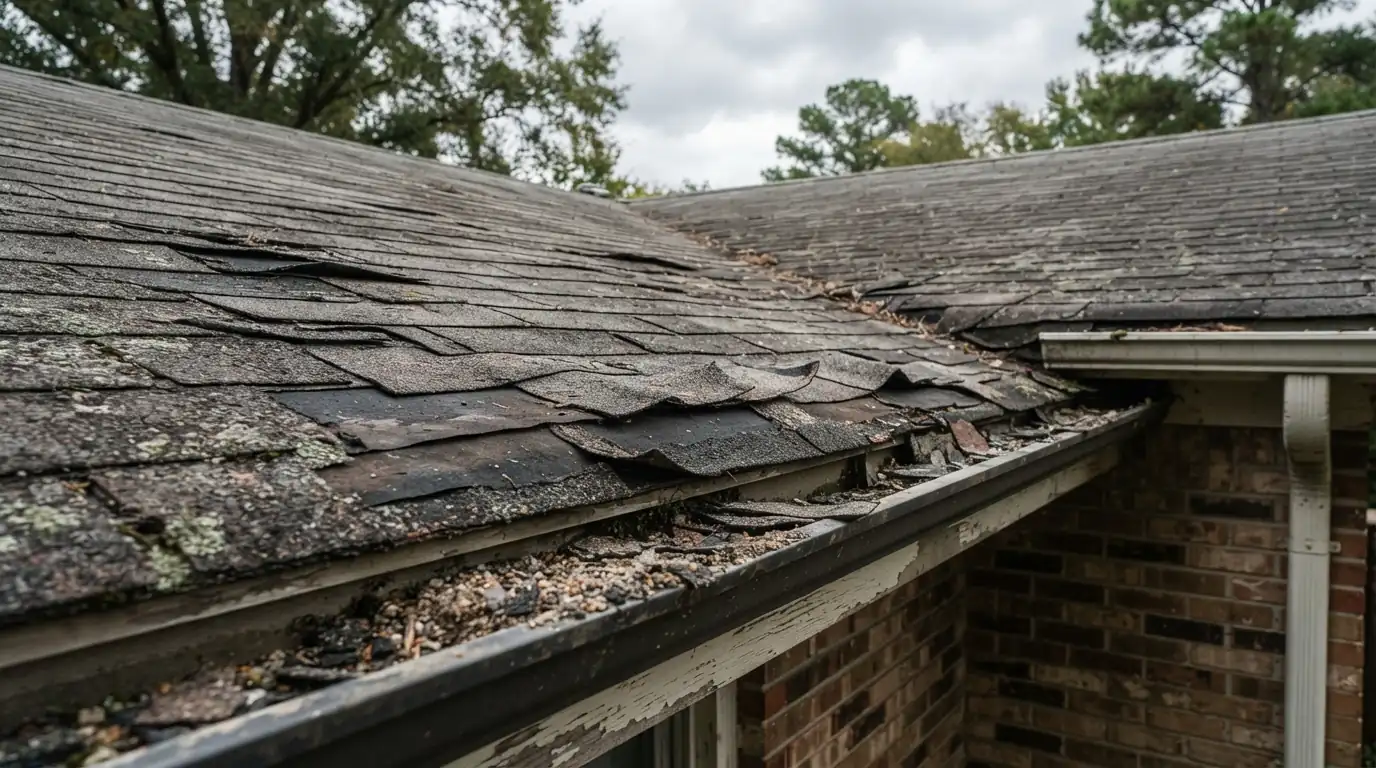 Worn roof with curling shingles and granule loss