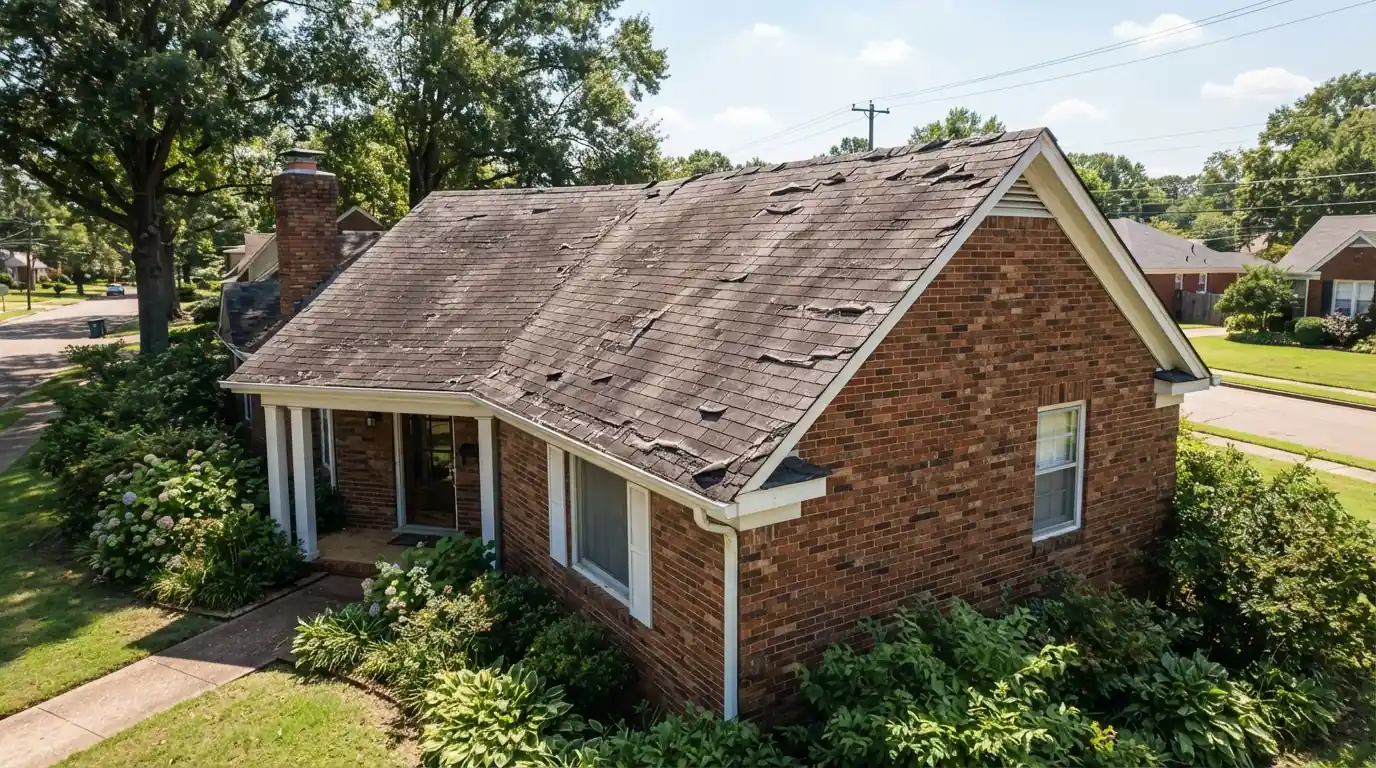 Aging shingle roof with curled edges