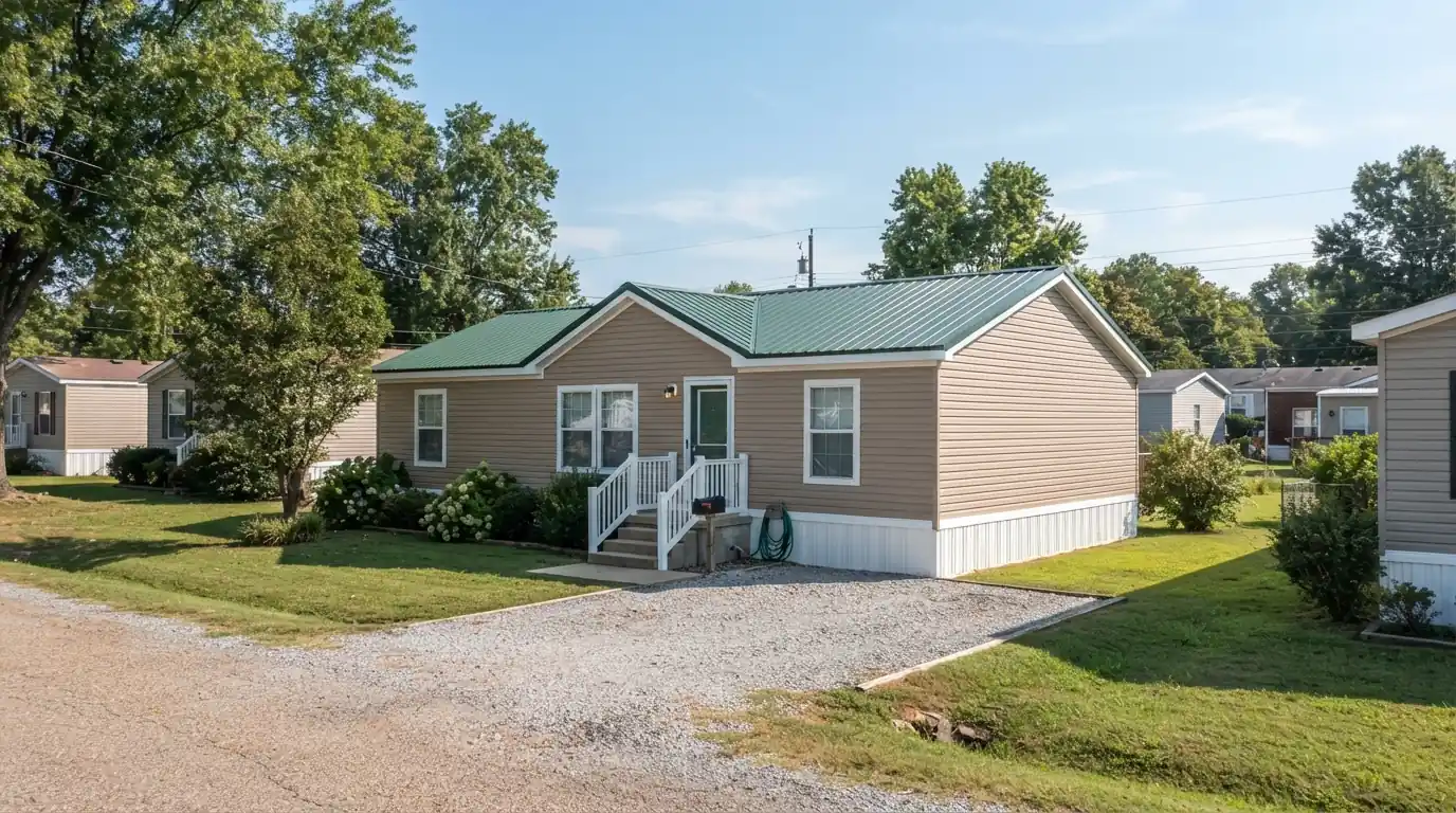 Mobile home with a new metal roof-over