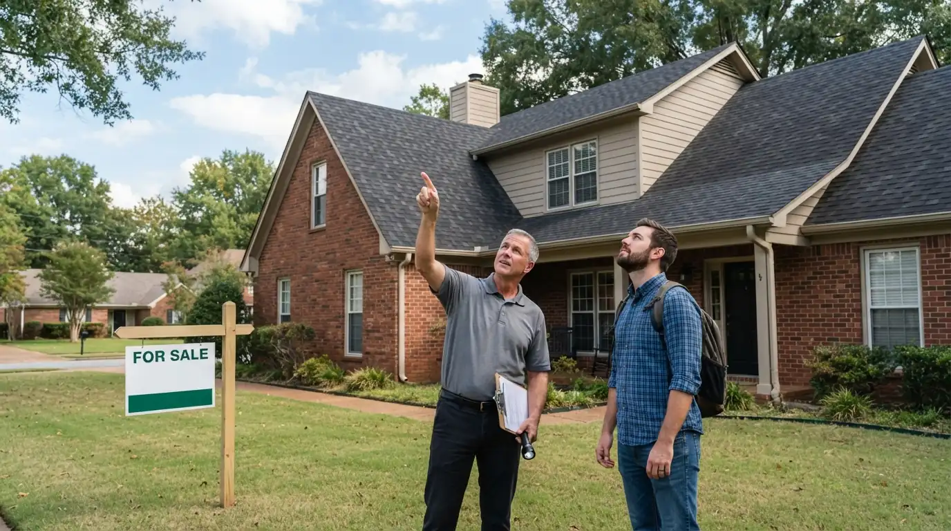Buyer and inspector looking at a roof before a sale
