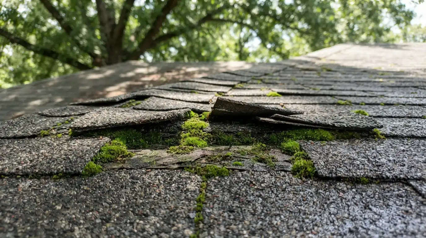 Moss lifting shingle edges on a shaded roof