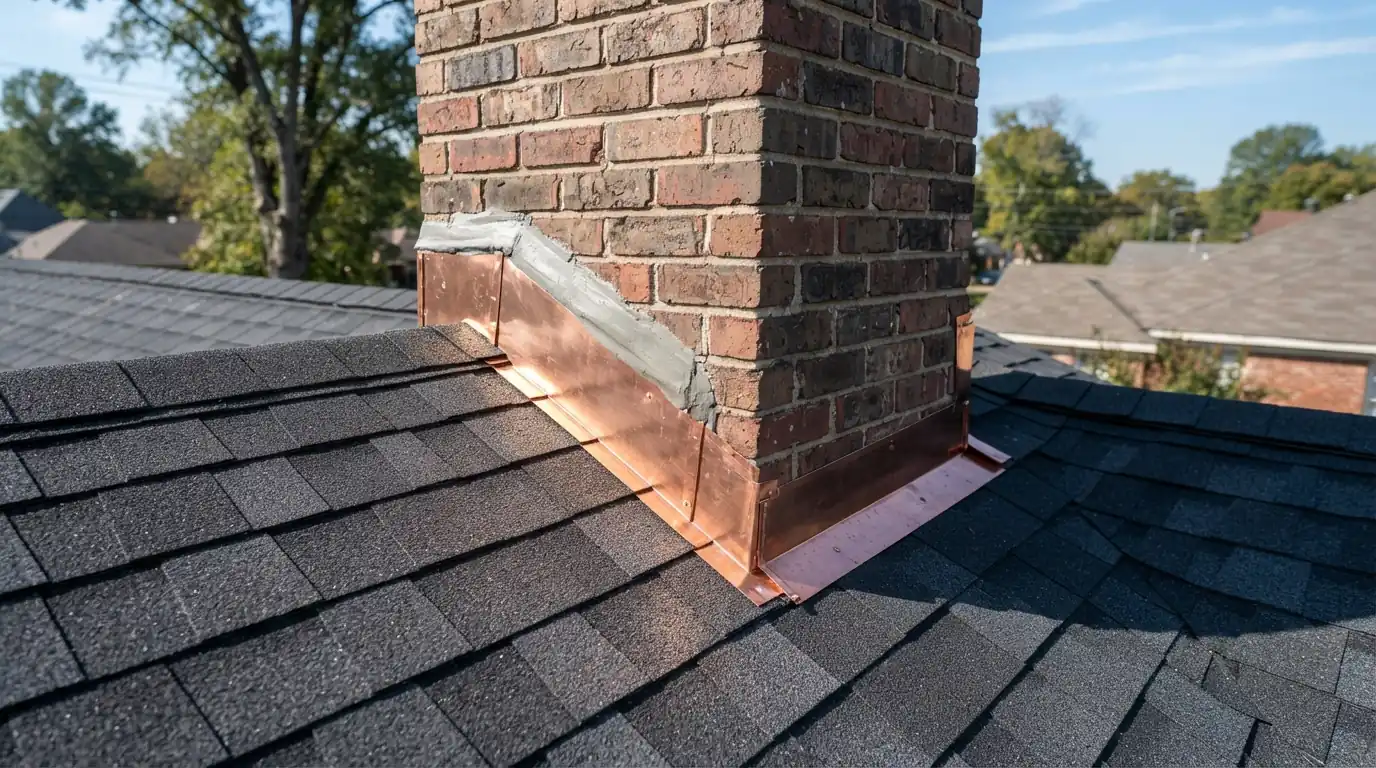 Chimney flashing detail on a new roof