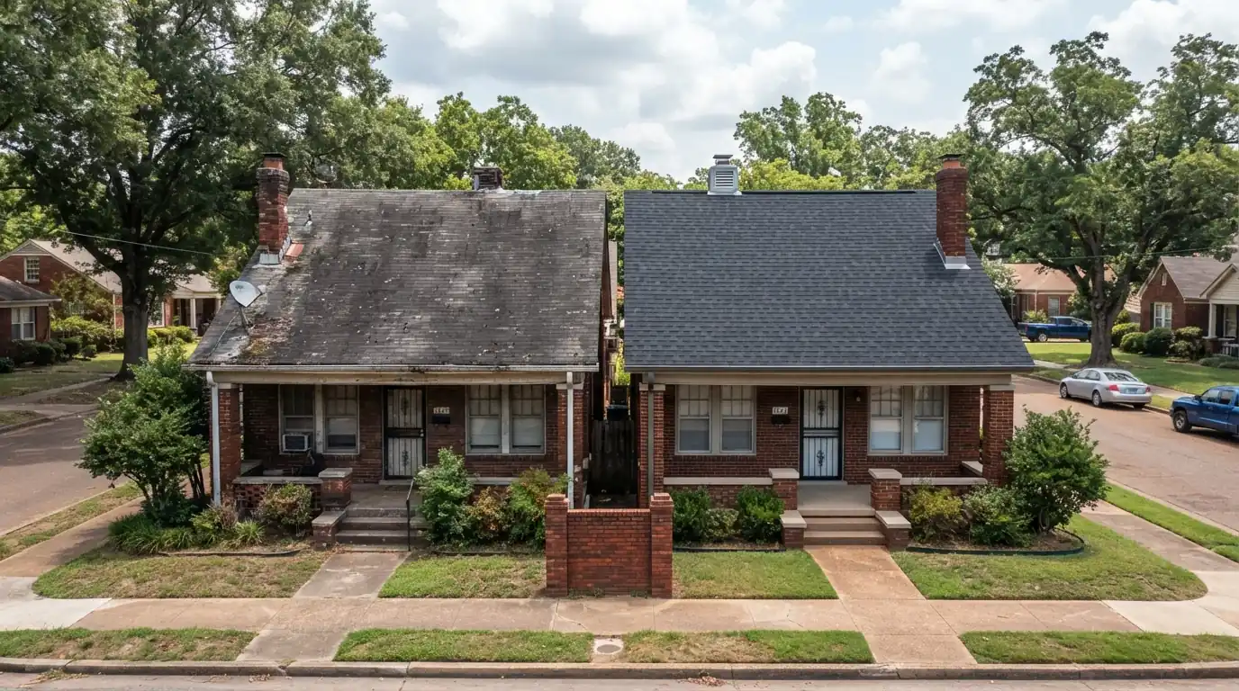 Worn shingle roof beside a newly replaced roof on twin brick homes in Memphis