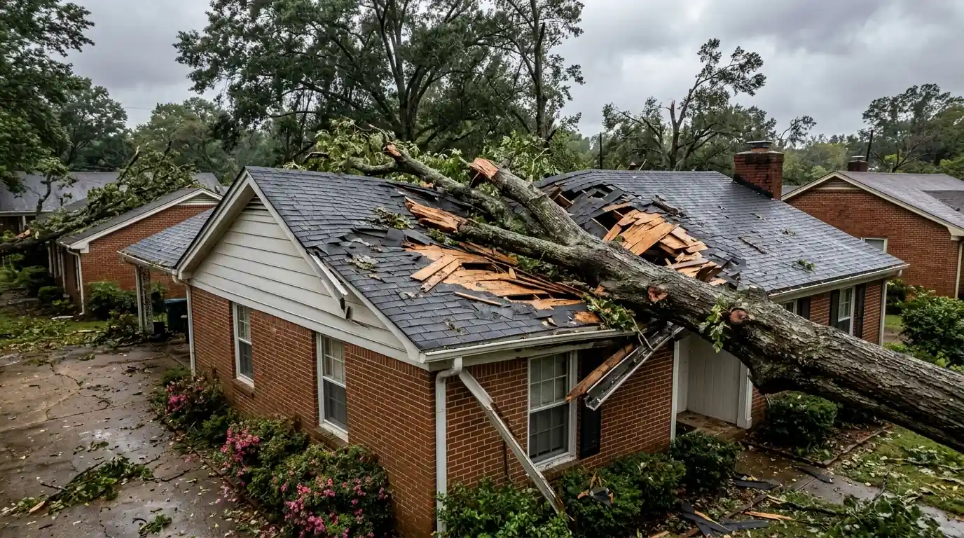 Oak limb on a storm-damaged roof in Memphis