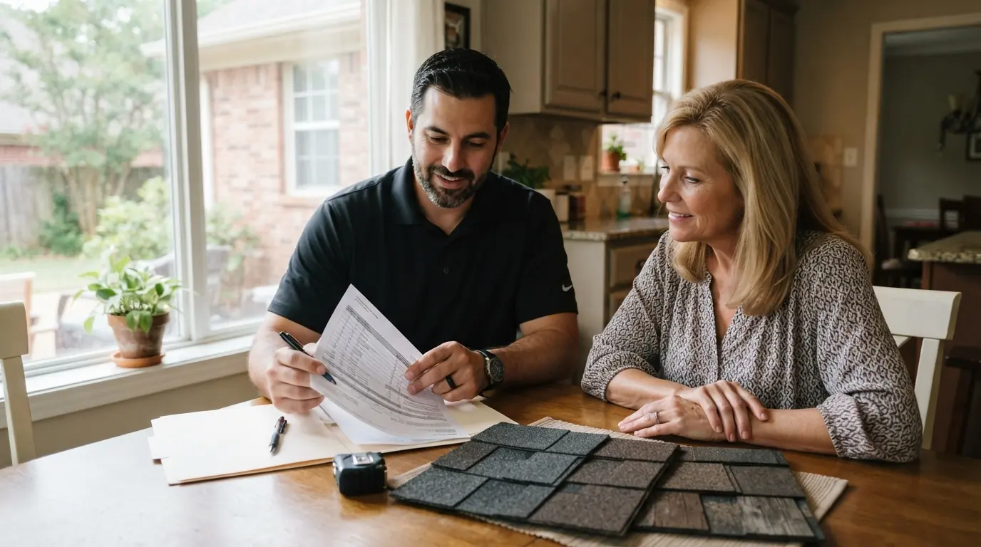 Roofer and homeowner reviewing an estimate