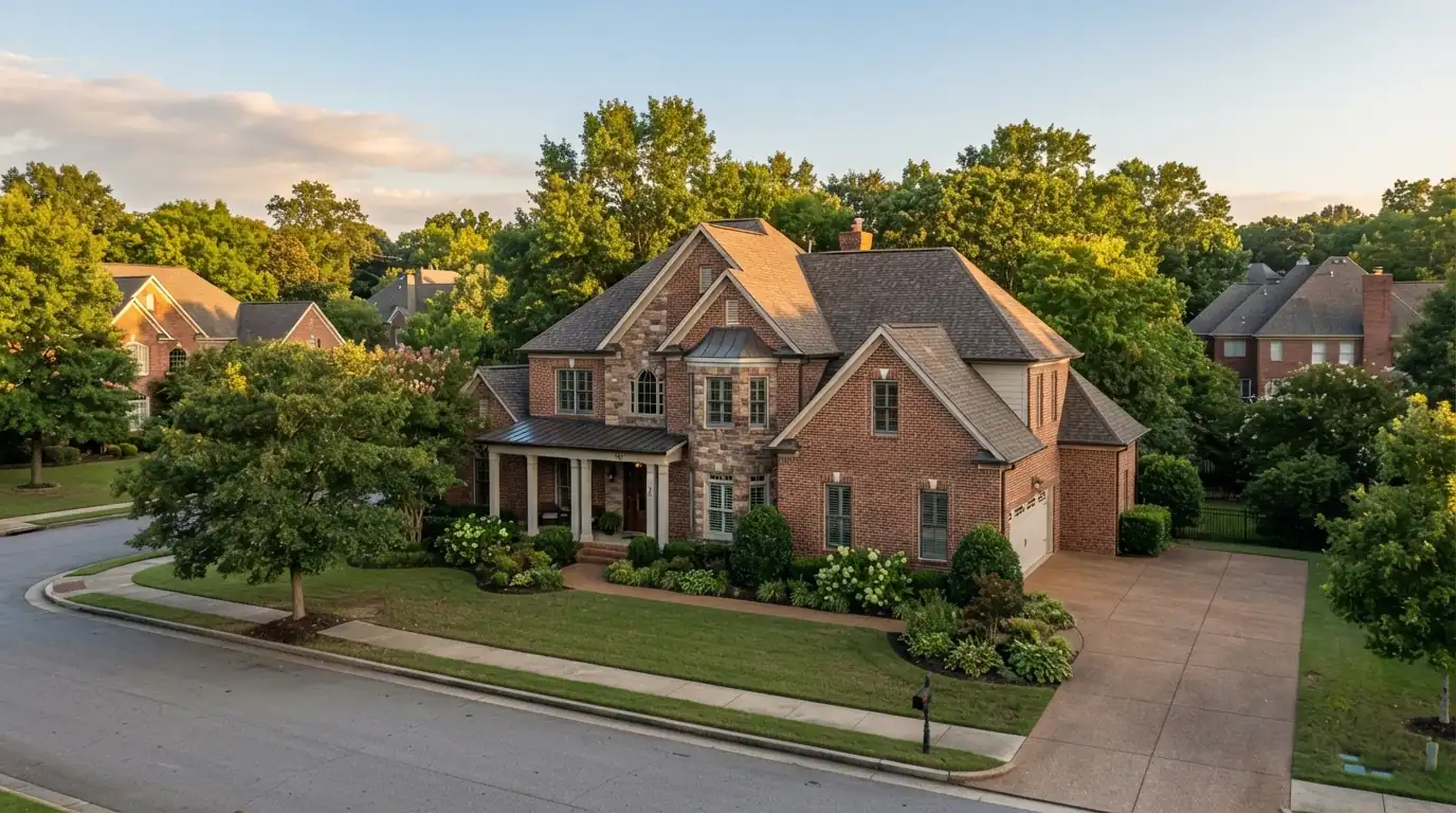 Large suburban home with a complex hip roof