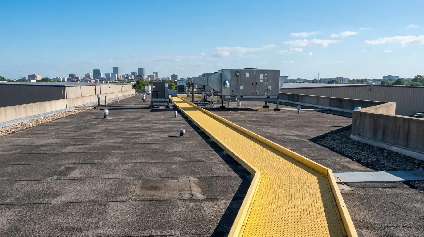 Modified bitumen roof with a walkway pad