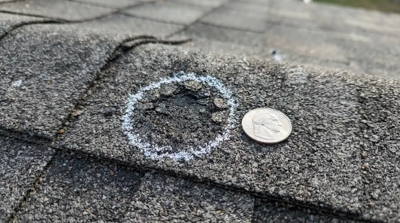 Chalk-circled hail bruise on a shingle