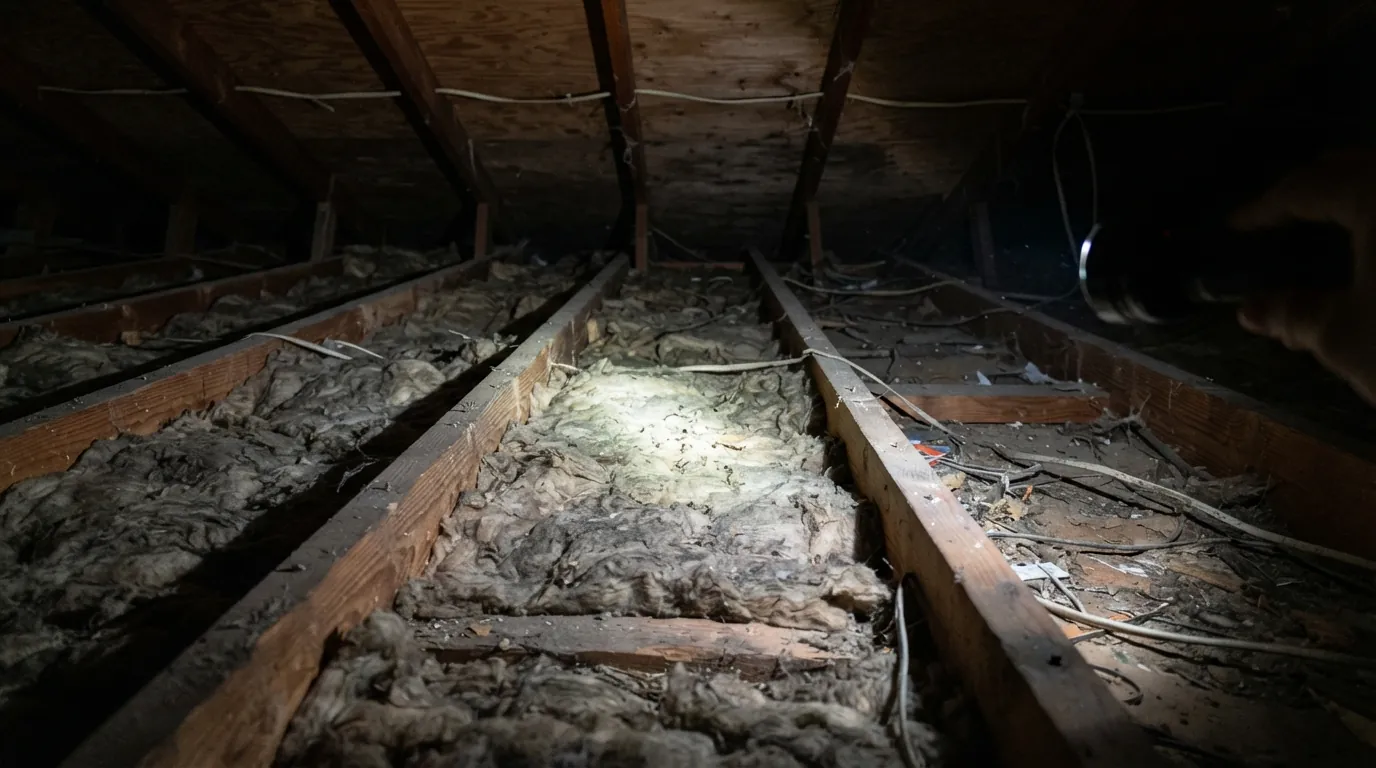 Thin old insulation in an attic before an upgrade
