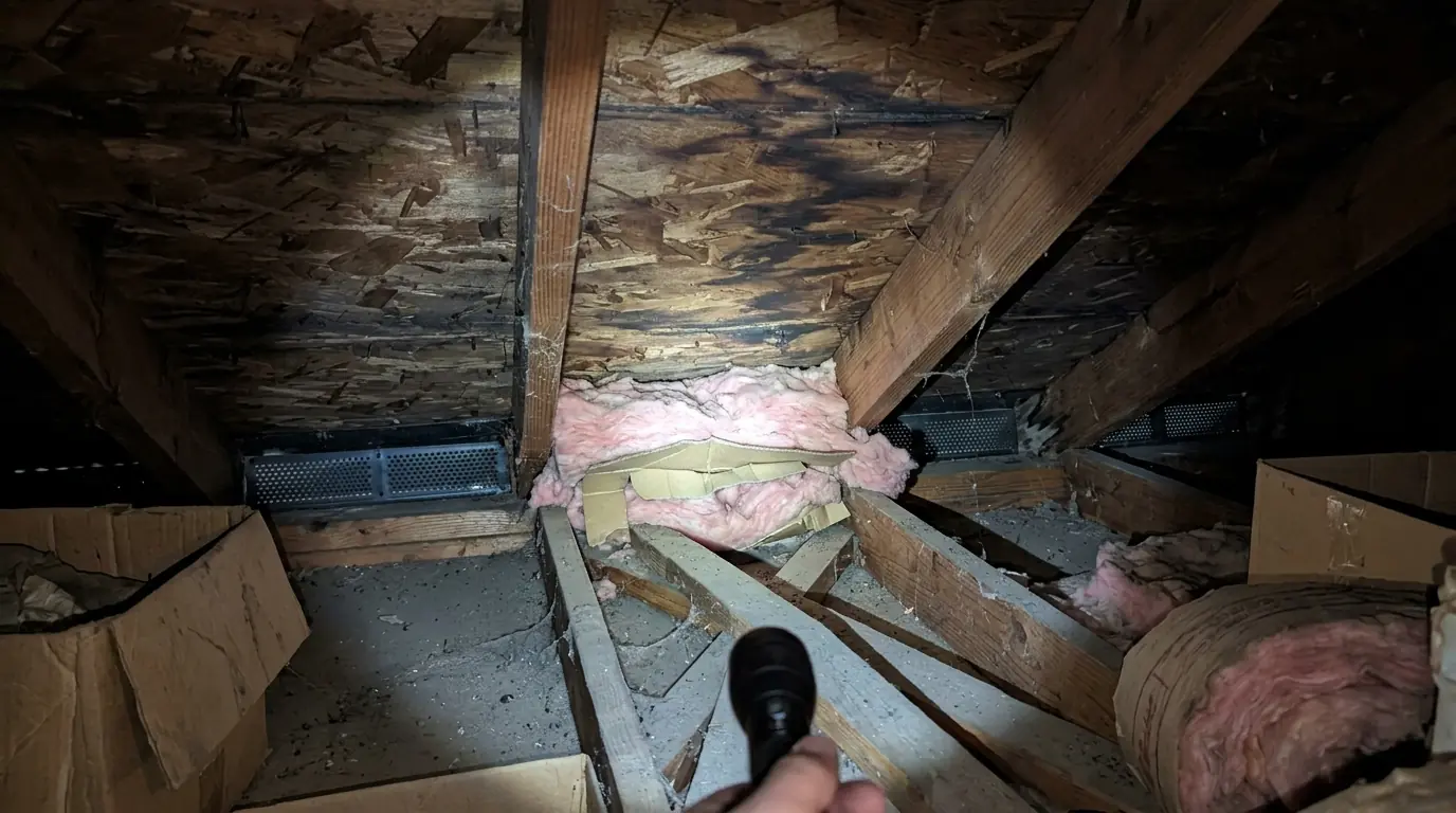 Moisture-stained roof sheathing in a Memphis attic