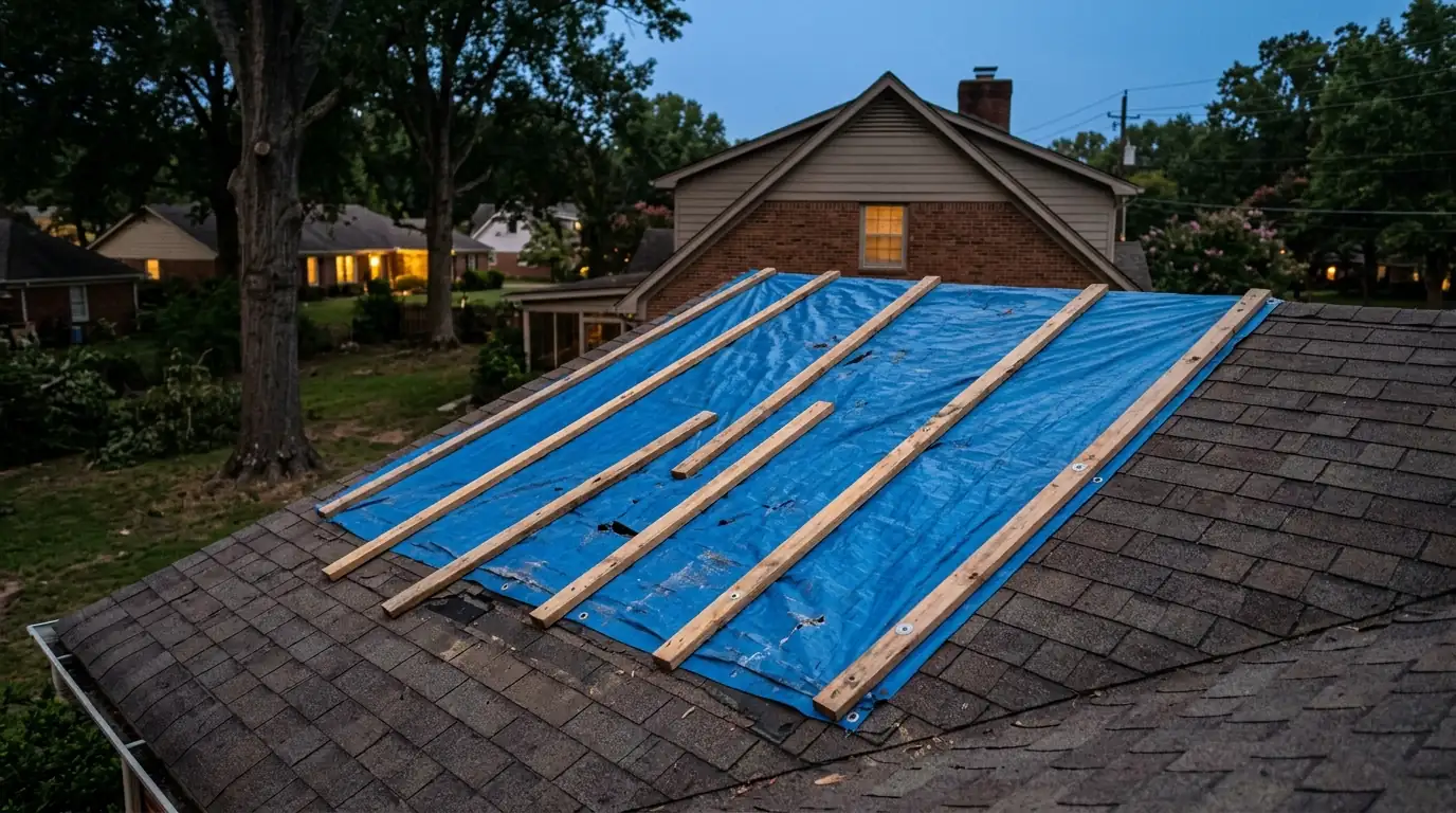 Tarp fastened with battens over a tree-damaged roof