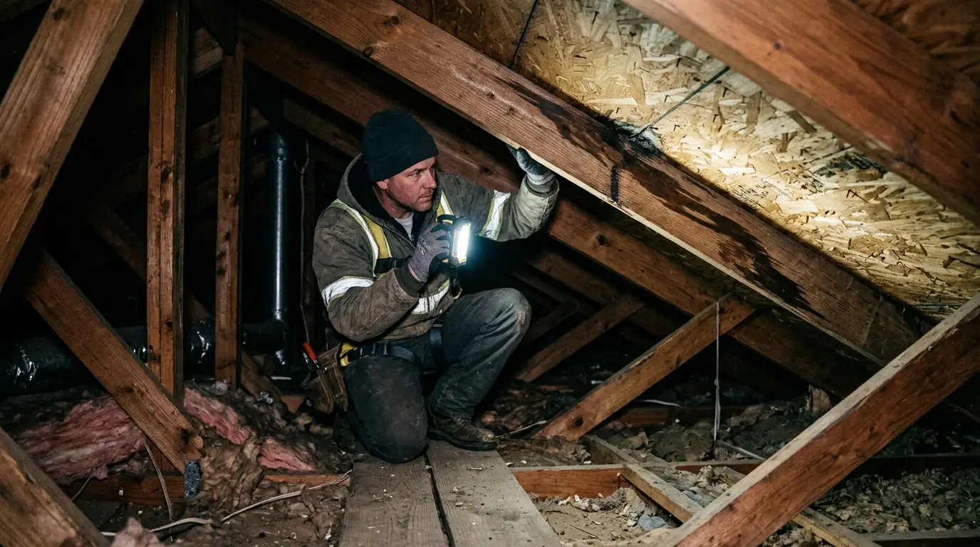 Roofer tracing a leak in a Memphis attic