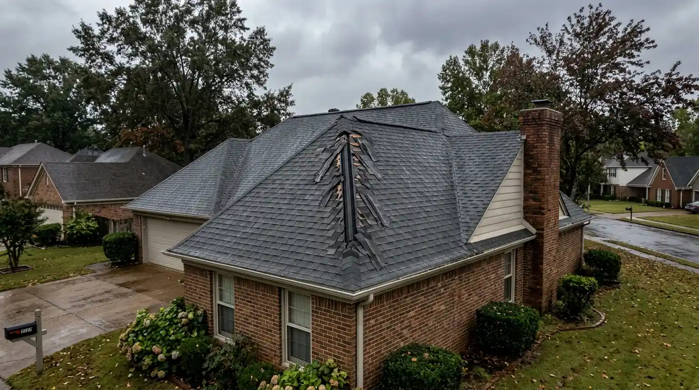 Missing ridge caps after a Memphis wind storm