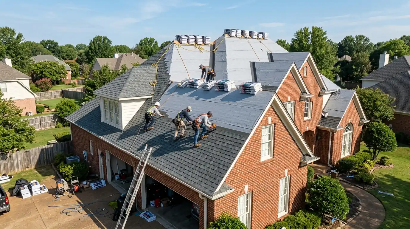 Crew installing a new shingle roof on a Memphis home