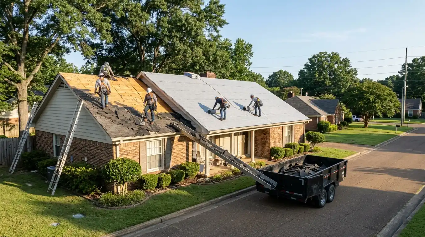 Roof replacement in progress with tear-off and new underlayment
