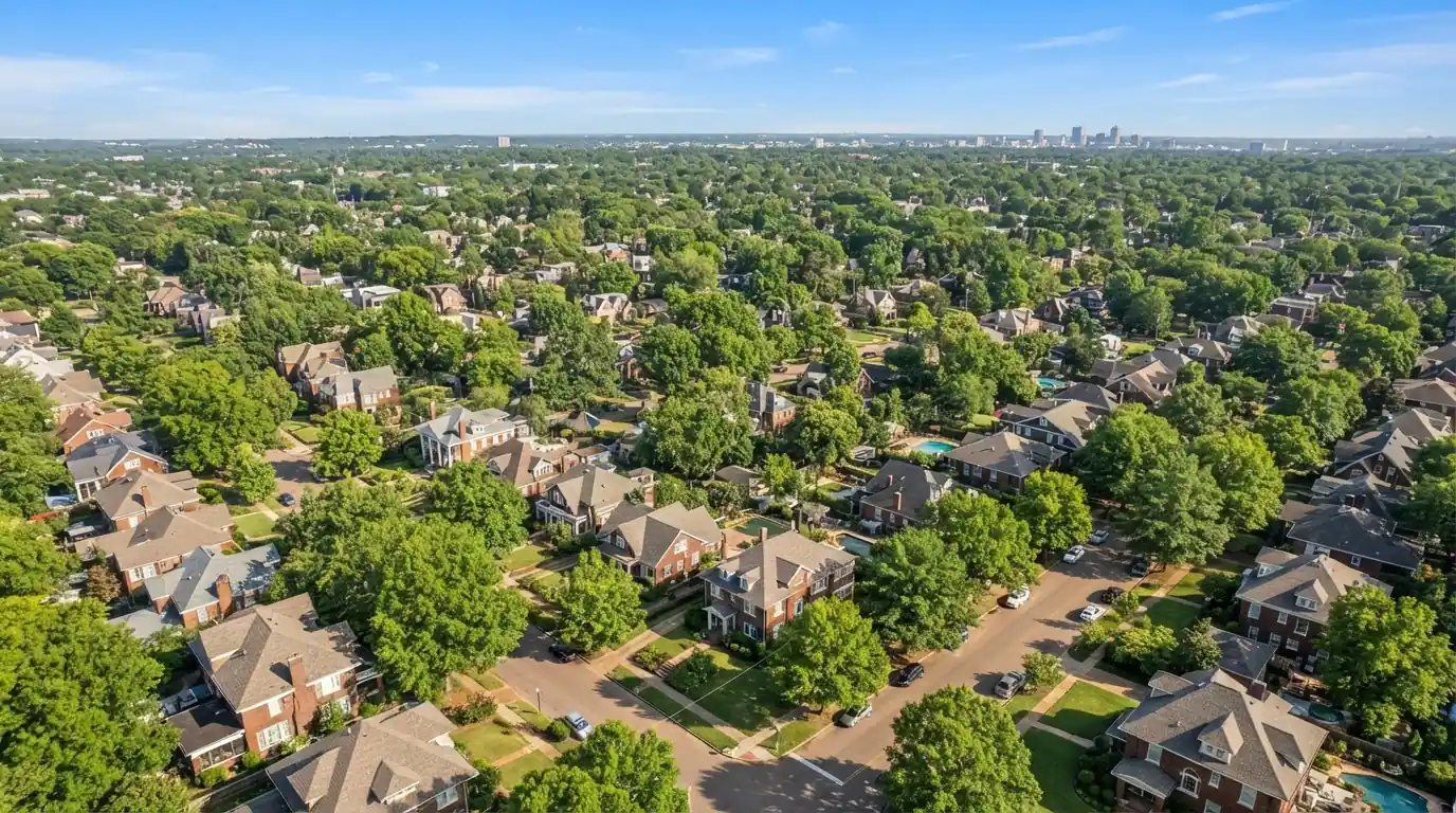 Tree-lined streets and roofs across Memphis
